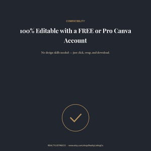 Könnte beinhalten: Eine dunkelgraue digitale Grafik mit dem Text COMPATIBILITY, 100% Editable with a FREE or Pro Canva Account und No design skills needed — just click, swap, and download. Ein goldenes kreisförmiges Symbol mit einem Häkchen ist zentriert.