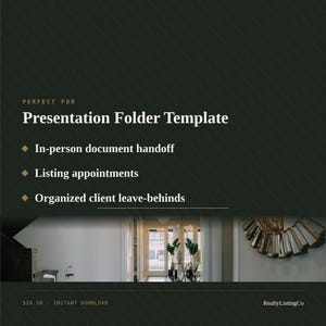 Puede incluir: Una plantilla de carpeta de presentación digital de color verde oscuro con el texto: Perfect for Presentation Folder Template, In-person document handoff, Listing appointments, Organized client leave-behinds y RealtyListingCo abajo.