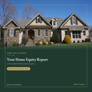Könnte beinhalten: Eine digitale Vorlage für einen Eigenheimkapitalbericht mit einem Foto eines zweistöckigen Hauses mit Stein- und Fassadenverkleidung. Der Text lautet: Home Equity Report, Your Home Equity Report, A Personalized CMA & Equity Snapshot, Editable Word Document (.docx) und Realtylistingco.