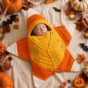 May include: A star-shaped crochet baby swaddle blanket designed to resemble a piece of candy corn. The garment features a pointed hood and a body with horizontal stripes of white, orange, and yellow yarn, secured by three small wooden buttons.