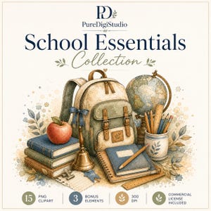 May include: A digital illustration titled School Essentials Collection featuring a beige and green backpack, a globe, a stack of three books with a red apple on top, a brass bell, a pencil holder with pencils, a ruler, and a notebook.