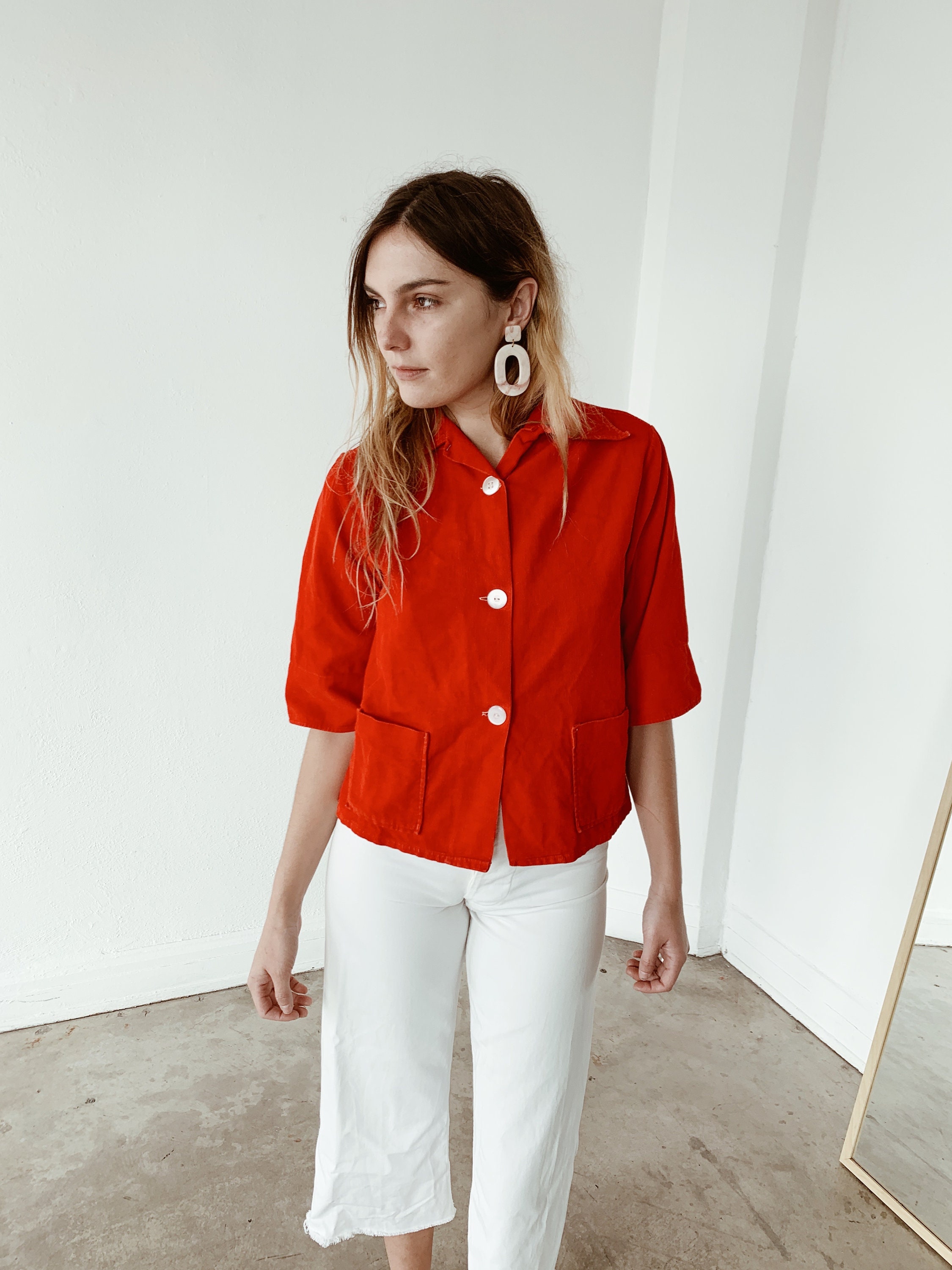 Corduroy cropped chore jacket - cherry