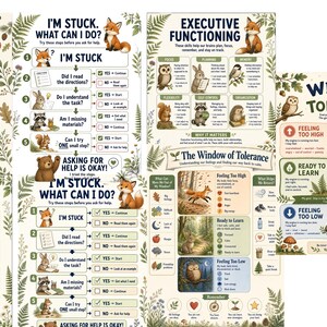 May include: A collection of educational posters featuring woodland animals and nature-themed illustrations. The charts include text titled I'm Stuck, What Can I Do?, Executive Functioning, Make a Plan, and The Window of Tolerance with checklists.