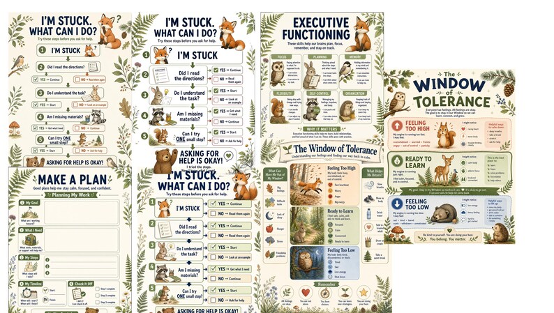 May include: A collection of educational posters featuring woodland animals and nature-themed illustrations. The charts include text titled I'm Stuck, What Can I Do?, Executive Functioning, Make a Plan, and The Window of Tolerance with checklists.