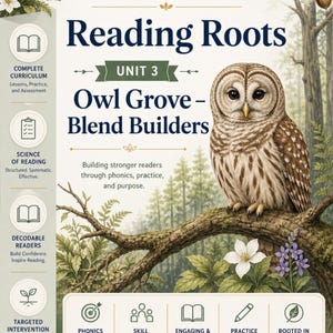 May include: Educational curriculum cover titled Reading Roots Unit 3 Owl Grove - Blend Builders. Features a brown and white owl perched on a tree branch, surrounded by botanical illustrations, icons, and text detailing phonics-based learning.