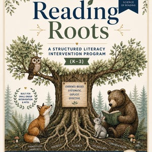 May include: A Reading Roots educational program poster featuring a large tree with an owl, a fox, a rabbit, and a bear reading a book. Text includes "Planting strong foundations. Growing confident readers," "Evidence-based," and "K-3" program details.
