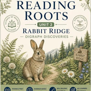 May include: Educational poster titled Reading Roots Unit 2 Rabbit Ridge Digraph Discoveries. Features a brown rabbit on a forest path, a wooden sign, and botanical illustrations. Includes text about phonics, evidence-based learning, and curriculum components.