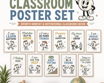Retro Classroom Poster Set | Growth Mindset, SEL, Kindness (Digital Download)