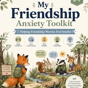 Peut inclure: Une couverture de livre My Friendship Anxiety Toolkit pour les niveaux 2-7 par SproutLearningCo. L'illustration montre un renard avec un sac à dos vert, un écureuil, un lapin, un blaireau et un cerf dans une forêt avec un pont en bois.