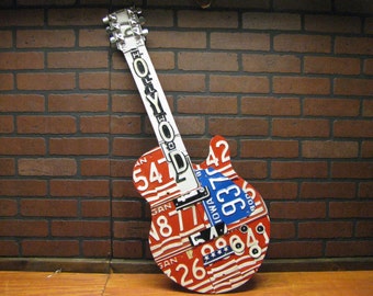 License plate guitars - custom made to order- made from real vintage license plates- license plate art -one of a kind