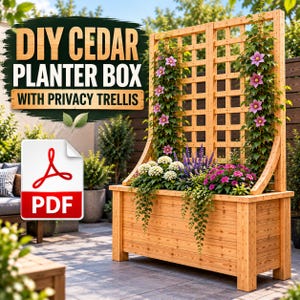 Puede incluir: Una jardinera rectangular de cedro con un enrejado de madera integrado para privacidad. La jardinera contiene hortensias blancas, salvia morada y flores rosas, con plantas trepadoras en el enrejado. Incluye un icono de documento PDF.