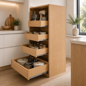 Puede incluir: Un armario de cocina alto de roble claro con cuatro cajones extraíbles. El cajón superior contiene un procesador de alimentos y una batidora, el segundo cuencos apilados, el tercero tarros de cristal y el inferior ollas de metal.