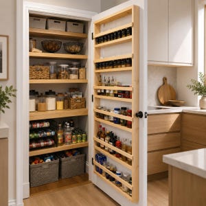 May include: A light-coloured wooden spice rack mounted on the interior of a pantry door, featuring multiple horizontal shelves filled with various glass spice jars, condiment bottles, and small containers, organised in a kitchen storage space.