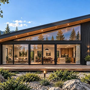May include: A single-story house with a slanted roof, black vertical siding, and large glass walls. The interior features an open-plan living and dining area with wooden accents. A wooden deck extends across the front, surrounded by a rocky landscape.
