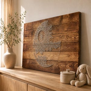 May include: A rectangular wall art piece made of horizontal dark brown wooden planks featuring a light-colored string art design of a spherical space station. The intricate pattern is created using thin nails and light-colored thread on wood.