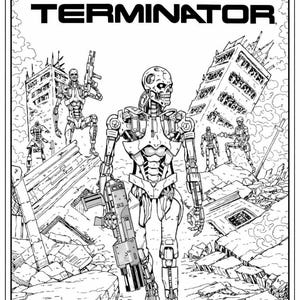 以下が含まれることがあります： 「COLORING BOOK THE TERMINATOR」というタイトルと下部に「COLOR AND DESTROY!」というテキストが書かれた白黒の塗り絵の表紙。イラストには、廃墟となった都市の風景の中にロボットの骸骨が描かれており、地面には頭蓋骨が散らばっている。