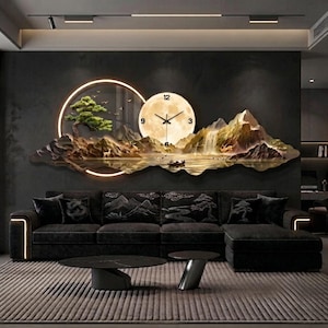 May include: A large wall clock featuring a circular face with black hands and numerals 3, 6, 9, and 12. The clock is integrated into a landscape mural depicting a green tree, mountains, a waterfall, and a boat, illuminated by a circular light.