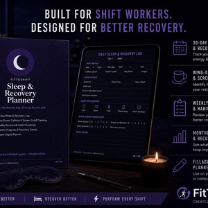 May include: A dark blue spiral-bound FitToShift Sleep & Recovery Planner next to a tablet displaying a daily sleep log. The planner cover features a crescent moon logo and text detailing features like a 30-day log, wind-down tracking, and weekly reviews.