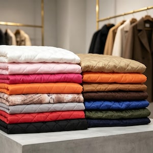 Könnte beinhalten: Ein Stapel gefalteter, gesteppter Stoffstücke in verschiedenen Farben, darunter Weiß, Rosa, Magenta, Orange, Grau, Rot, Schwarz, Hellbraun, Braun, Blau und Olivgrün. Ein Stück zeigt ein hellbraunes Muster mit aufgedrucktem Schrifttext.