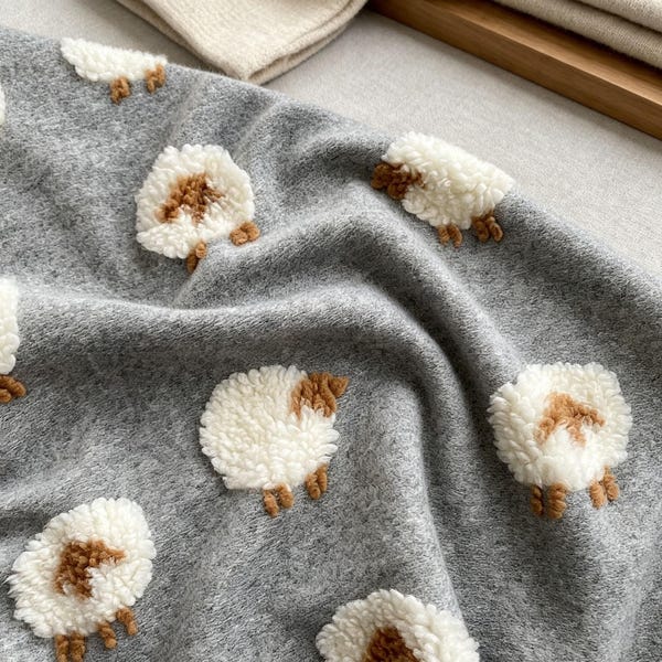 Cute Sheep Plush Fabric by 1/2 Yard, Soft Boucle Fleece for Blanket Coat, Grey Lamb Knit Jacquard, DIY Sewing Nursery Craft Material