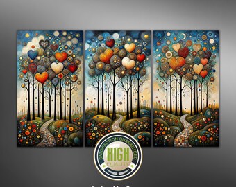 Tríptico de árbol con forma de corazón caprichoso / Arte mural de paisaje mágico / Juego de 3 mosaicos estilo boho / Decoración de dormitorio de arte popular / Galería de pared romántica