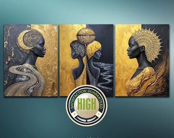 Tríptico de arte mural en oro negro / Impresión con textura 3D de mujer africana / Elegante galería de arte para sala de estar / Póster decorativo imprimible con arte lineal de sol y luna