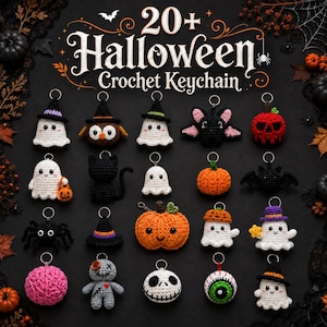 May include: A collection of over 20 crocheted Halloween keychains featuring various figures including ghosts, pumpkins, a black cat, a spider, a bat, a voodoo doll, and an eyeball, each attached to a silver metal ring on a dark background.