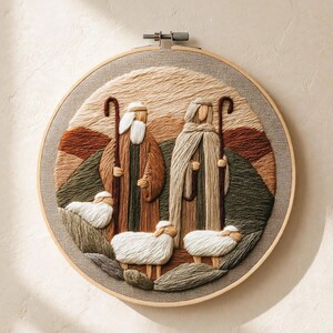May include: A circular embroidery hoop containing a textile art piece depicting two figures in long robes holding wooden staffs, accompanied by three white sheep. The scene features a landscape of hills in shades of brown, tan, and olive green.