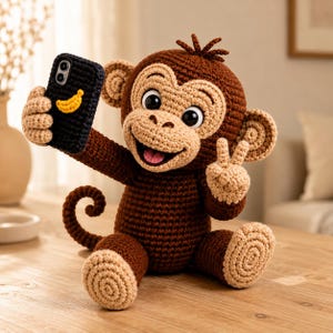 May include: A crocheted monkey toy in dark brown and beige yarn, featuring large black eyes, a wide smile, and a curled tail. The monkey holds a black crocheted smartphone with a yellow banana icon and makes a peace sign with its other hand.