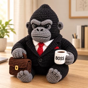 May include: A crocheted gorilla figurine wearing a black suit, white shirt, and red tie. The gorilla has grey hands, feet, and face, and holds a brown briefcase in one hand and a white mug with the text BOSS printed in black in the other hand.