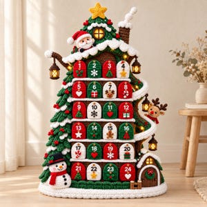 May include: A crochet Christmas advent calendar shaped like a house with a tree, featuring twenty-four numbered doors in red, green, and white. The structure includes a Santa figure, a snowman, a reindeer, and small hanging lanterns with lights.