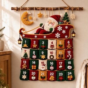 May include: A crocheted Christmas advent calendar hanging from a wooden branch, featuring a Santa in a red sleigh, a yellow crescent moon, and stars. It has twenty-four numbered pockets in red, green, white, and yellow, decorated with small festive motifs.