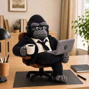 Puede incluir: Una figura de gorila tejida a ganchillo que lleva una chaqueta de traje negra, una camisa color crema y una corbata negra. El gorila está sentado en una silla de oficina marrón, sosteniendo una pequeña taza de café blanca y un portátil gris.