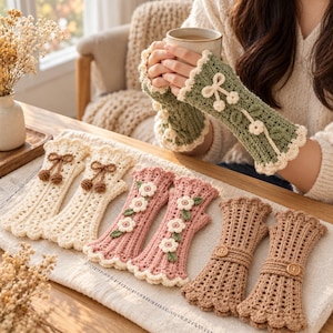 Könnte beinhalten: Eine Kollektion fingerloser Handschuhe mit verschiedenen Häkeldesigns. Ein Paar ist cremefarben mit braunen Schleifen, ein weiteres ist rosa mit weißen Blumenapplikationen und ein drittes ist hellbraun mit Knöpfen. Salbeigrüne Handschuhe sind ebenfalls zu sehen.