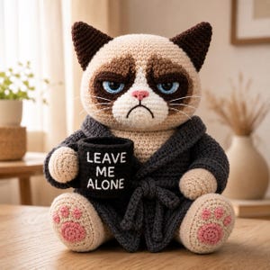 May include: A crocheted cat doll with a grumpy expression, wearing a dark gray robe and holding a black mug with the white text LEAVE ME ALONE. The cat has cream-colored fur, dark brown ears, blue eyes, and pink paw pads on its feet.