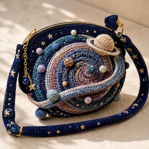 May include: A round, dark blue crocheted crossbody bag featuring a spiral galaxy design with various small, textured spheres representing planets. A larger, beige crocheted planet with rings is attached to the front. The strap is adorned with small gold star accents.