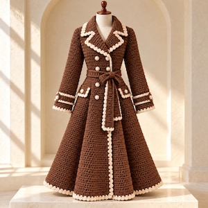Modello PDF per cappotto lungo all'uncinetto / Cardigan lungo unisex con bottoni di perle e finiture a contrasto / Giacca trench lunga (download digitale)