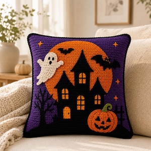 Halloween-kuddevirkmönster PDF | Spökhus-kuddfodral | Spöklikt spöke-pumpa-kudddekor gotisk höst digital nedladdning