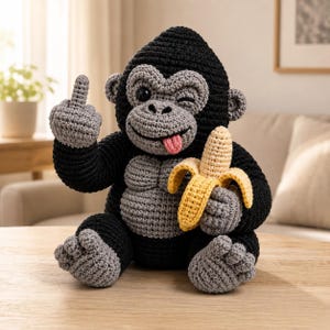 Puede incluir: Un peluche de gorila tejido a ganchillo con hilo negro y gris, que muestra una expresión de guiño, una lengua rosa afuera, una mano haciendo un gesto obsceno y la otra mano sosteniendo un plátano amarillo también tejido a ganchillo.