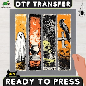 May include: A DTF transfer sheet featuring four vertical rectangular panels with Halloween imagery. The panels display a white ghost, a steaming cauldron on books, a skull with a spiderweb, and a black raven perched on a cross above a pumpkin.