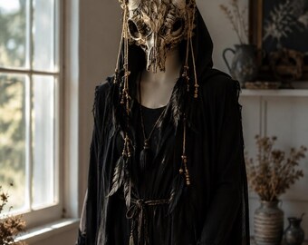 Shaman Skull Headdress, Handmade Tribal Skull Mask, Halloween Costume Headpiece, Pagan Ritual