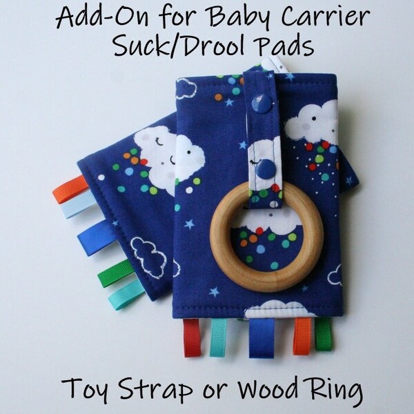 Add-On For Baby Carrier Suck/Drool Pads - Toy Strap and Wood Ring