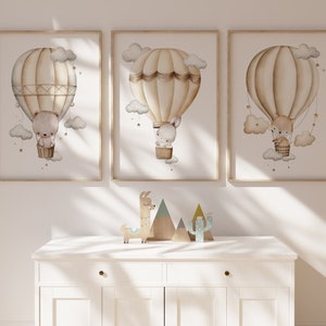 Hot Air Balloon Nursery Wall Art set of 3, Gender Neutral Hot Air Balloon, Woodland Nursery, Nursery Wall Decor, Adventure theme nursery