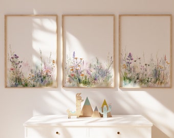 Floral Nursery Wall Art, Set of 3 Wildflower Nursery Print, Baby Girl Nursery print, Wall Decor Nursery, Girl Nursery Decor