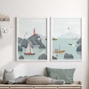 Nautical Nursery Wall Art set of 2, Lighthouse, Boats  Nursery Decor, By the Sea Kids Bedroom Art, Boy Room Ocean Sea Prints