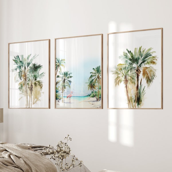 Tropical Beach Wall Art Set of 3, Watercolor Palm Tree Poster, Beach Landscape Prints, Bedroom Living Room Wall Decor, Coastal Wall Art