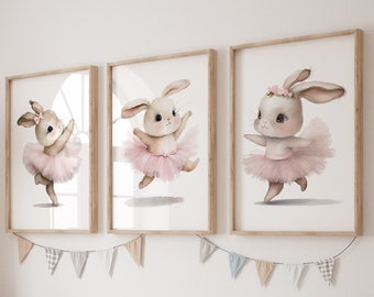 Ballerina Bunny Nursery Wall Decor, set of 3, Girls room Decor, Woodland Nursery prints, Bunny Wall Art