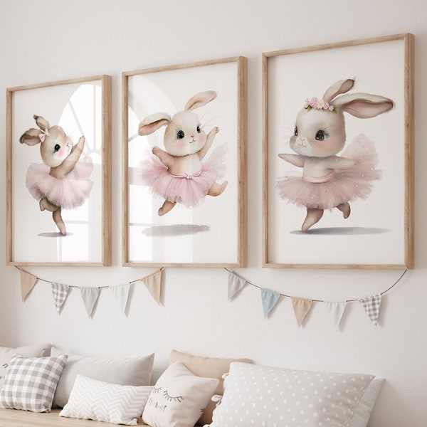 Ballerina Hase, Kinderzimmer Wanddeko, 3er Set, Mädchenzimmer Dekor, Waldkindergarten Drucke, Hase Wand Kunst