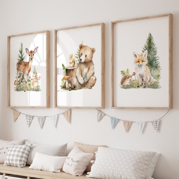 Woodland Nursery Wall Art, Set of 3, Playroom Posters, Woodland Nursery Decor, Kids room decor, Forest  nursery print, Neutral Nursery Decor