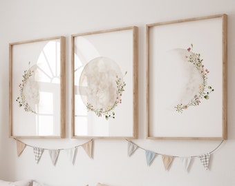 Moon Phases Wall Art Set of 3, Wildflower Nursery Print, Baby Girl Nursery print, Floral Moon Room Decor, Girl Nursery Decor
